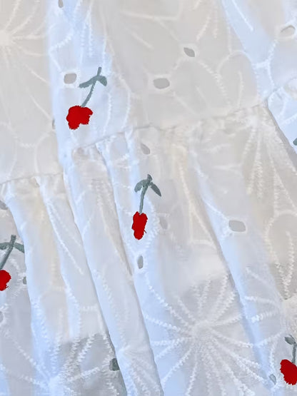 Jupe Longue Blanche Brodée Cerises – Taille Élastique & Style Bohème
