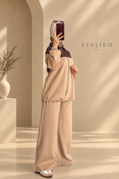 Ensemble Femme 2 Pièces – Veste Zippée & Pantalon, Style Chic et Décontracté