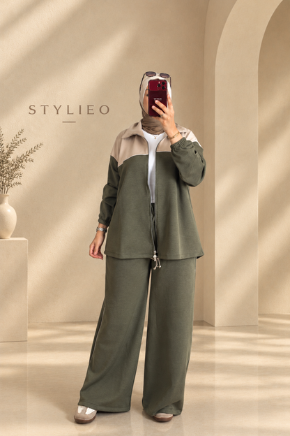 Ensemble Femme 2 Pièces – Veste Zippée & Pantalon, Style Chic et Décontracté