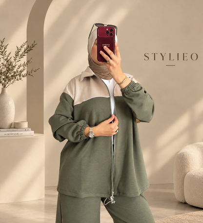Ensemble Femme 2 Pièces – Veste Zippée & Pantalon, Style Chic et Décontracté